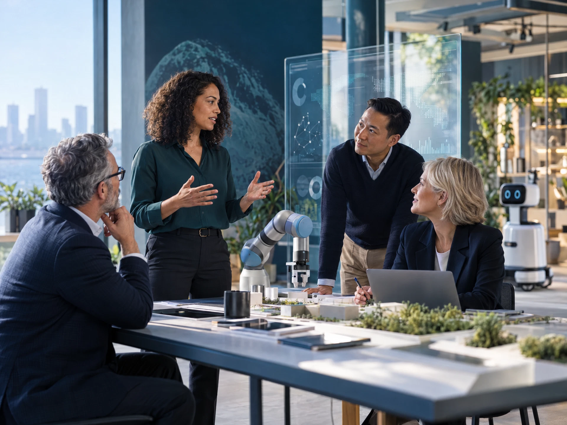Future-ready professionals collaborating with AI and robotics in an innovation studio